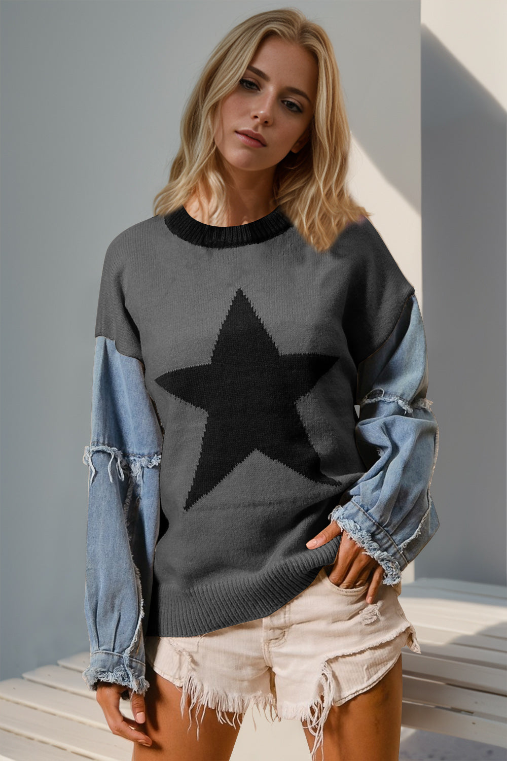 Star Pattern Denim Long Sleeve Sweater