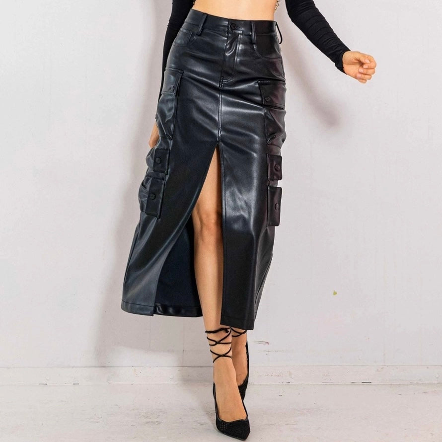 Faux Leather Cargo Skirt