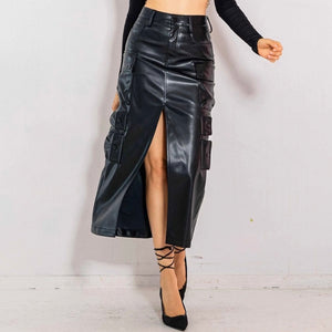 Faux Leather Cargo Skirt