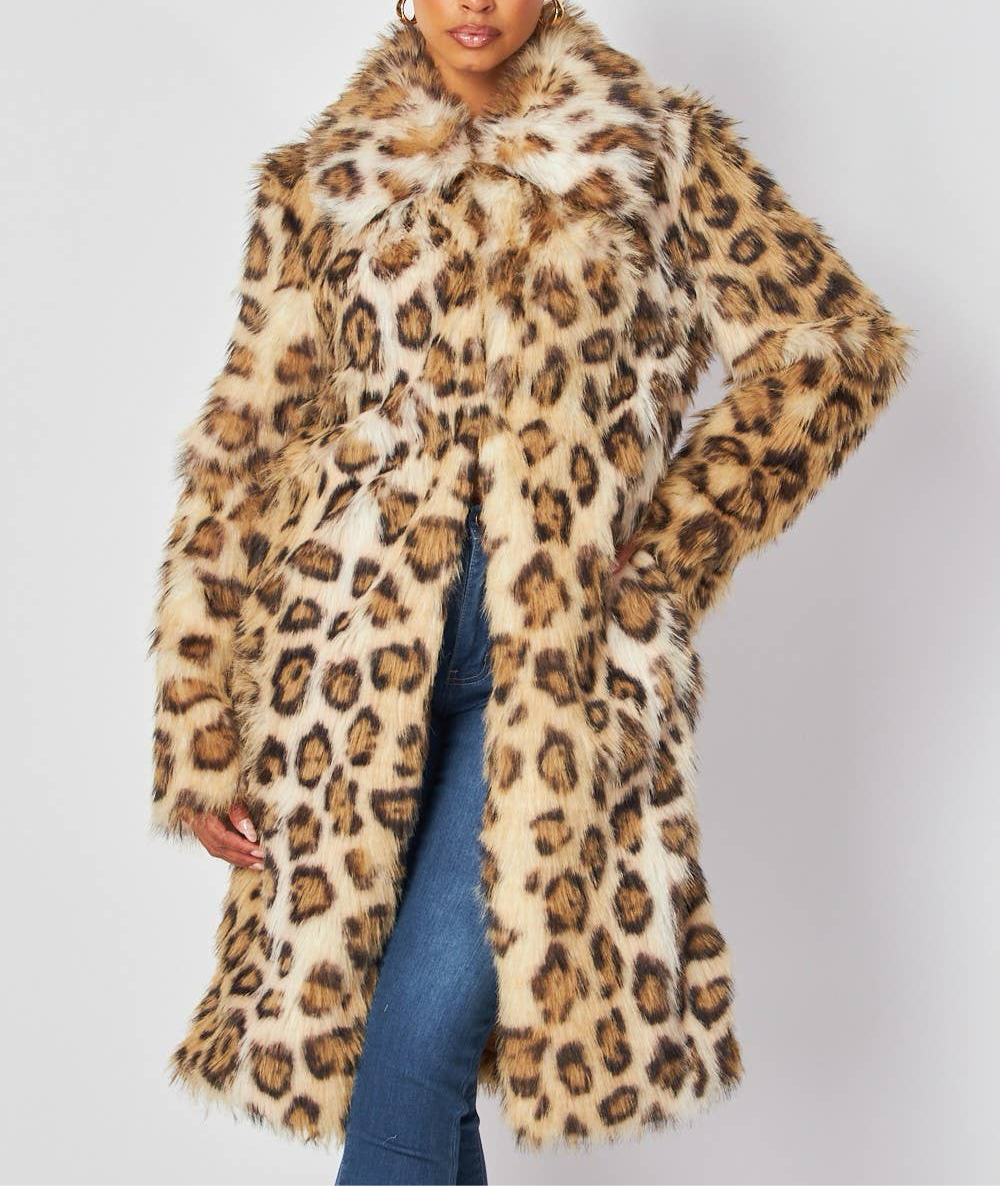 Leopard Print Faux Fur Mid Length Coat