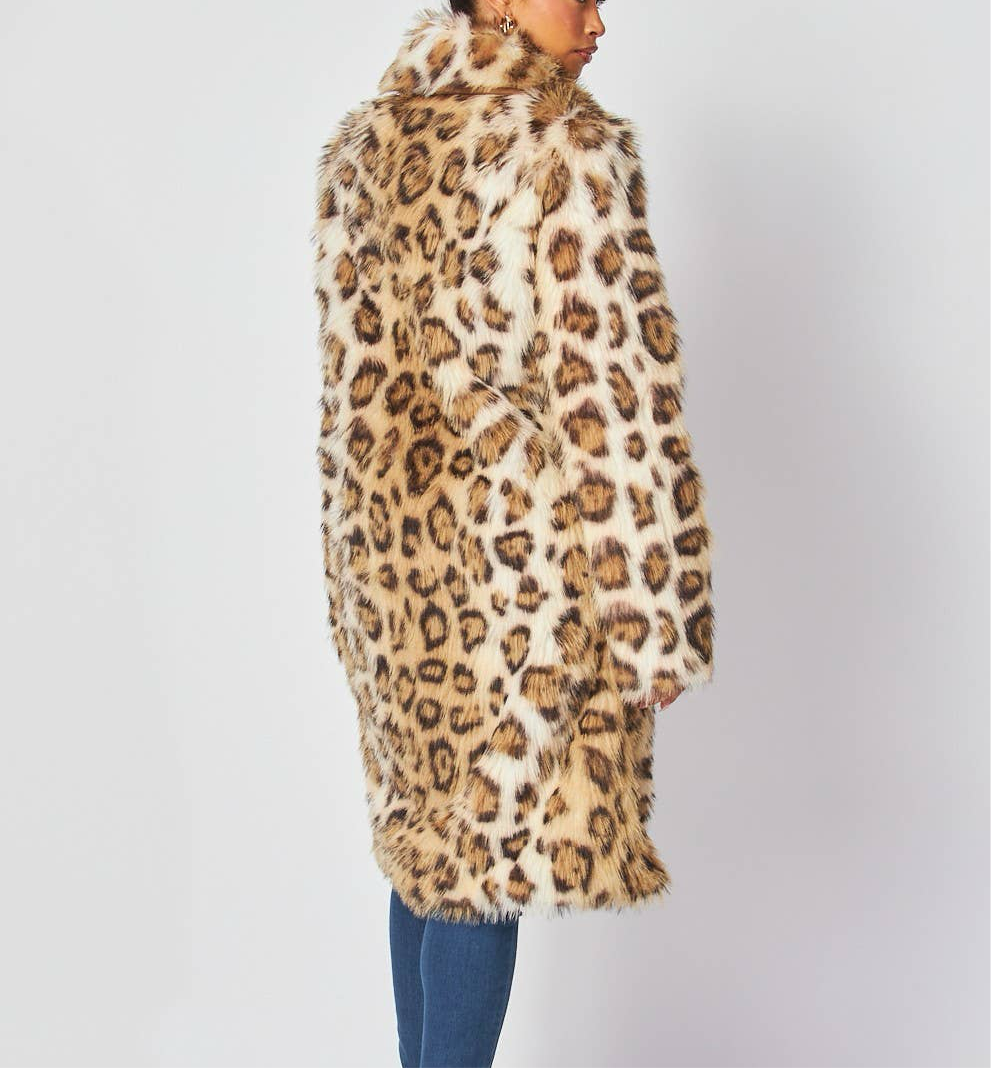 Leopard Print Faux Fur Mid Length Coat