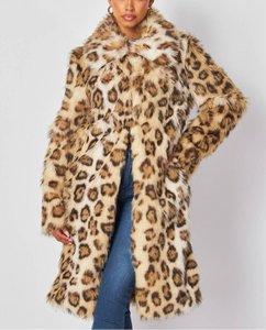 Leopard Print Faux Fur Mid Length Coat