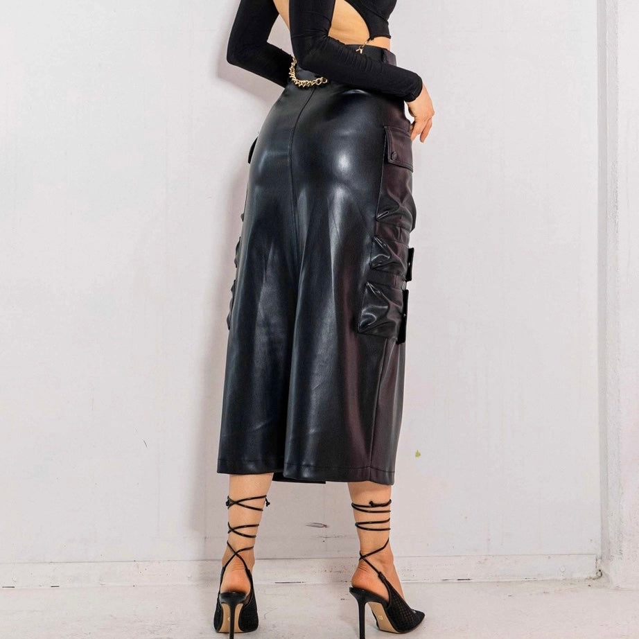 Faux Leather Cargo Skirt