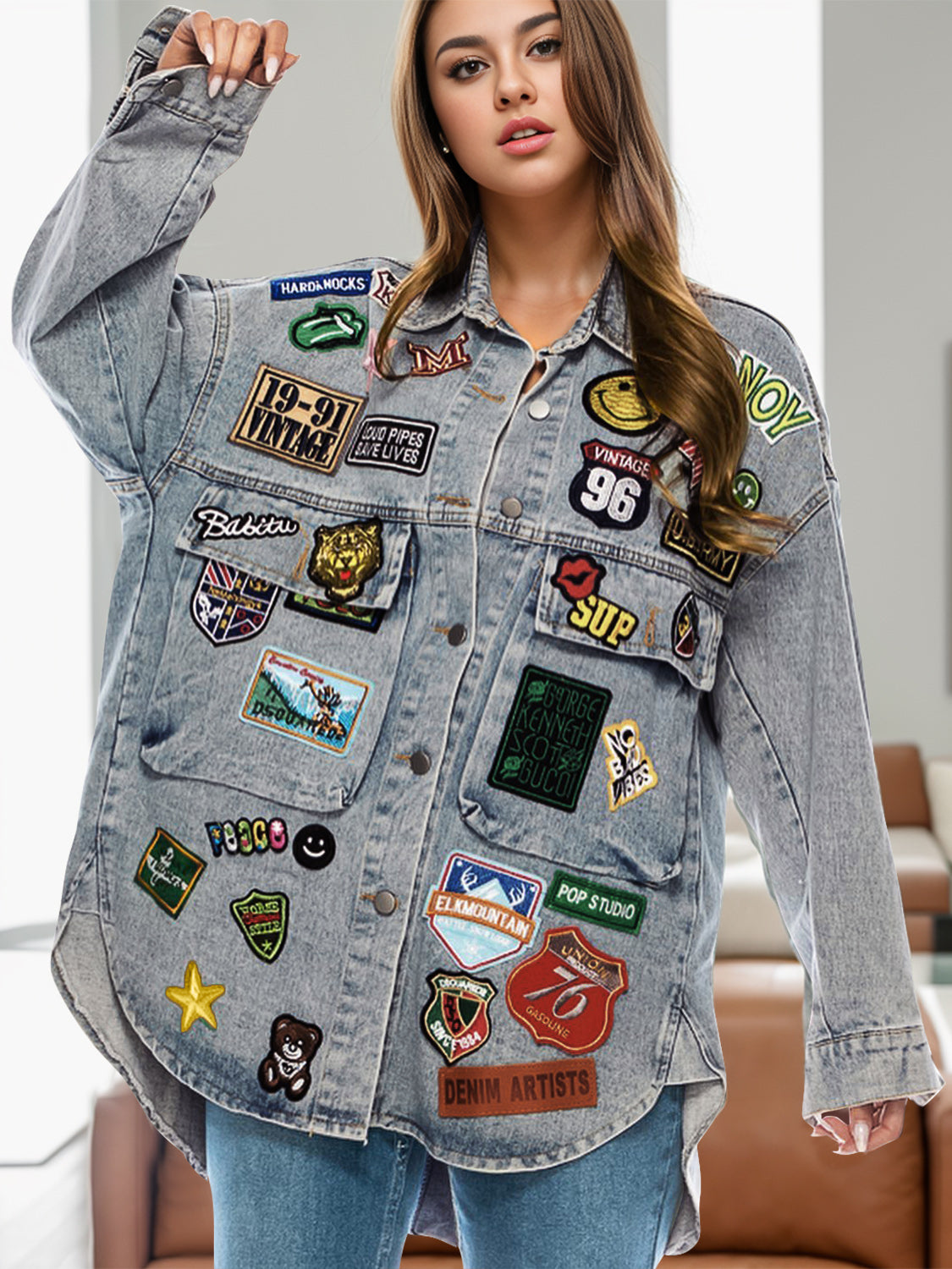 Embroidered Patch Button Up Long Sleeve Denim Shacket