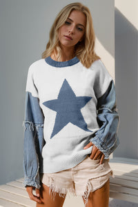 Star Pattern Denim Long Sleeve Sweater