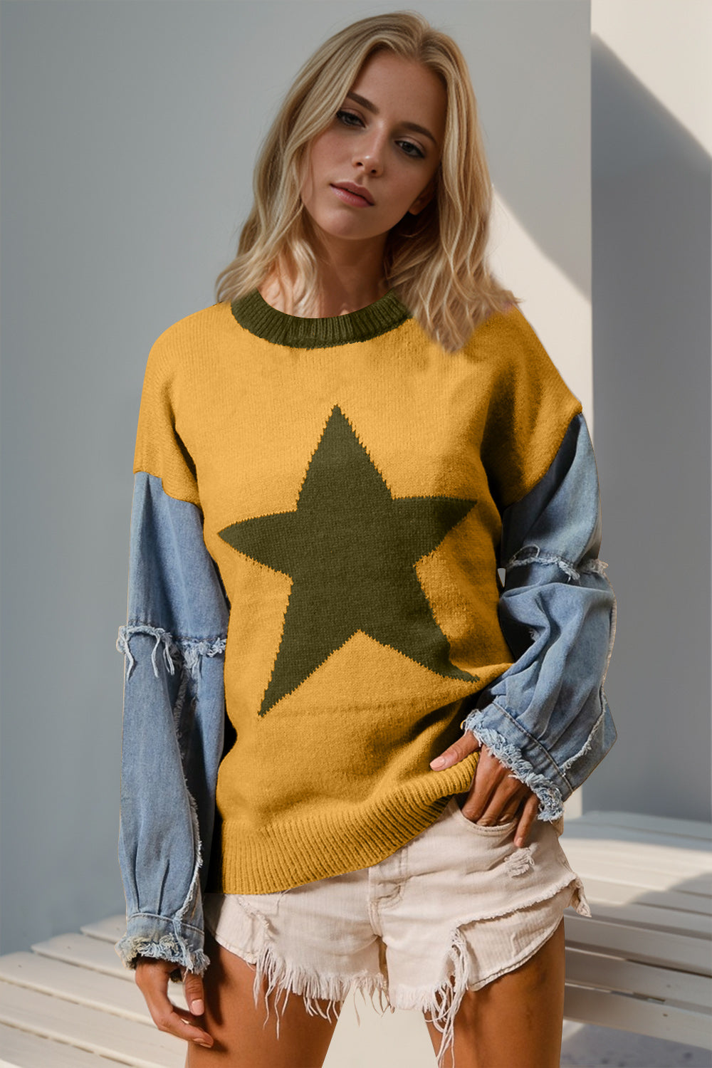 Star Pattern Denim Long Sleeve Sweater