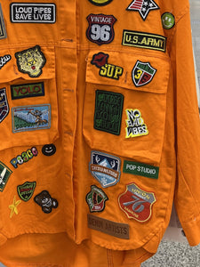 Embroidered Patch Button Up Long Sleeve Denim Shacket