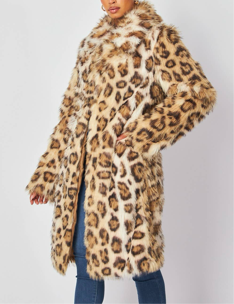 Leopard Print Faux Fur Mid Length Coat