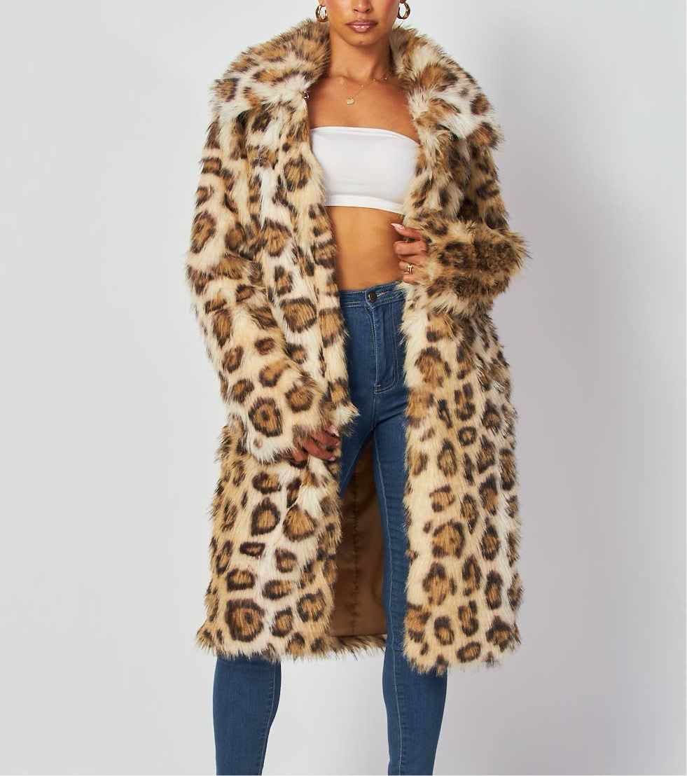 Leopard Print Faux Fur Mid Length Coat