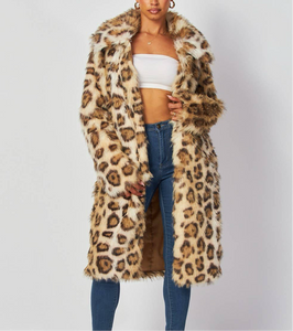 Leopard Print Faux Fur Mid Length Coat