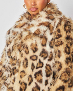 Leopard Print Faux Fur Mid Length Coat